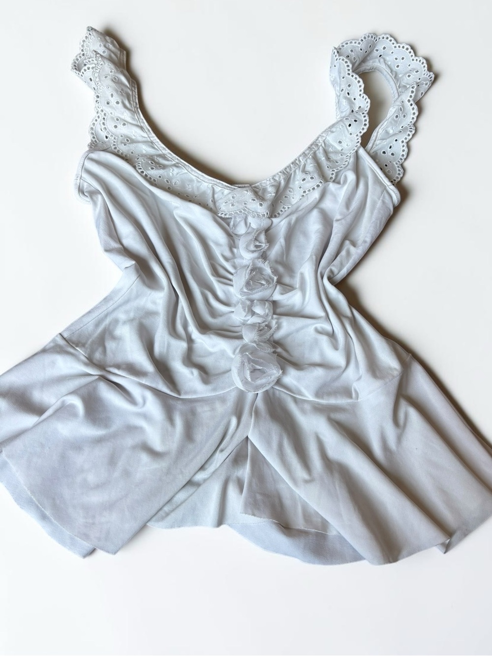 White Eyelet Top Y2K Coquette Delicate Ruffle Cami Rosette Fairycore Vintage M